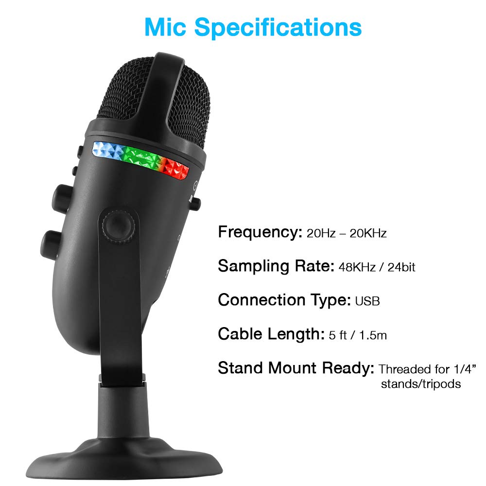 Cyber Acoustics Professional USB Microphone with Dual Recording Patterns - 24-bit Recording with Zero Latency Monitoring - Compa